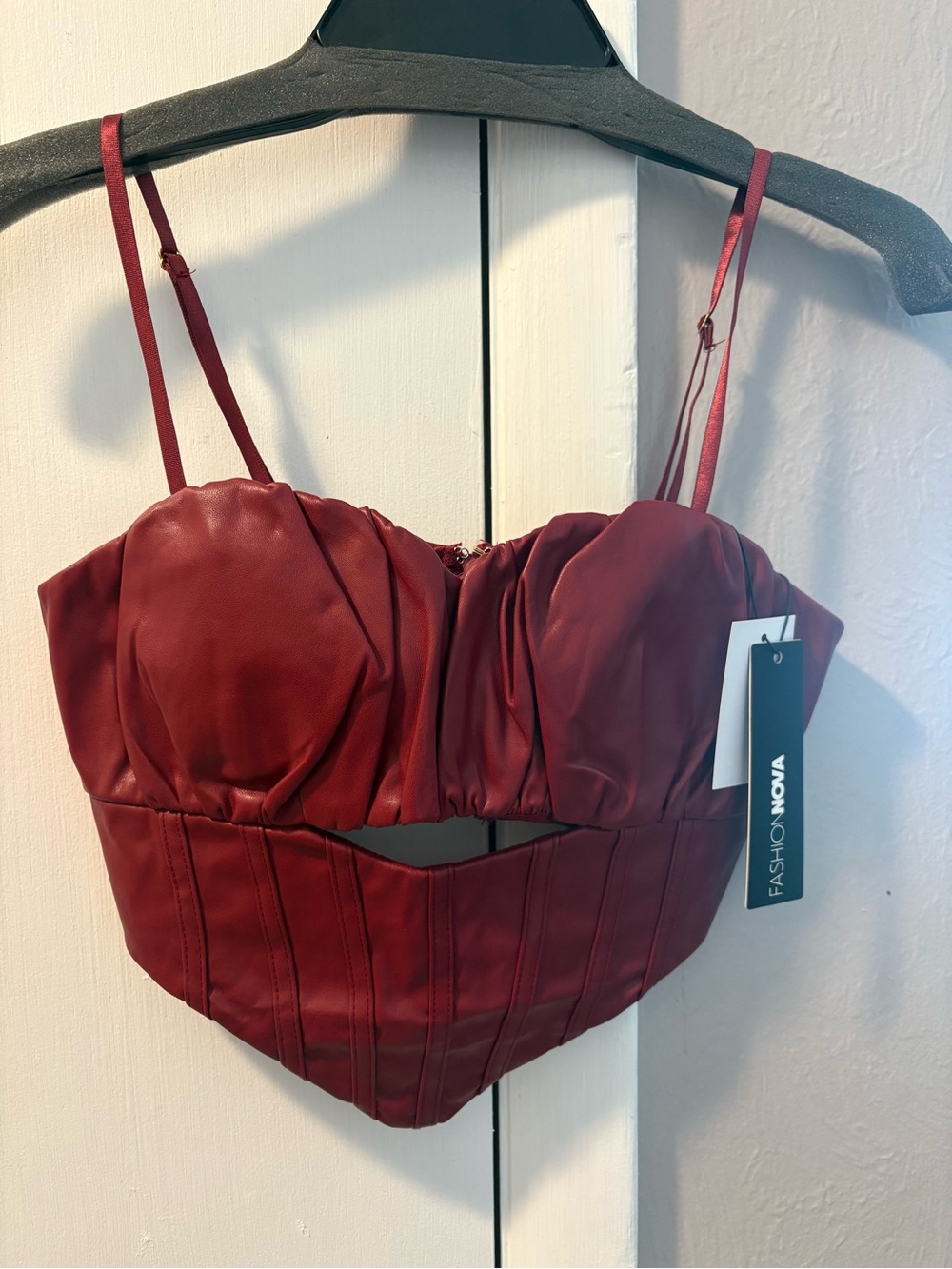 Fashion Nova Red Satin Bustier Crop Top with Cutout